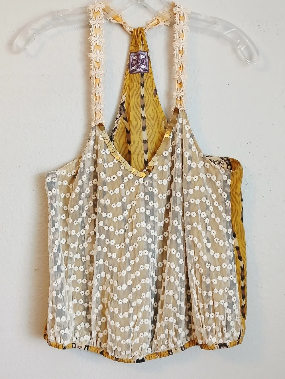 Free People Embroidered Sequin Tank Top Boho Mixed Media Size XS